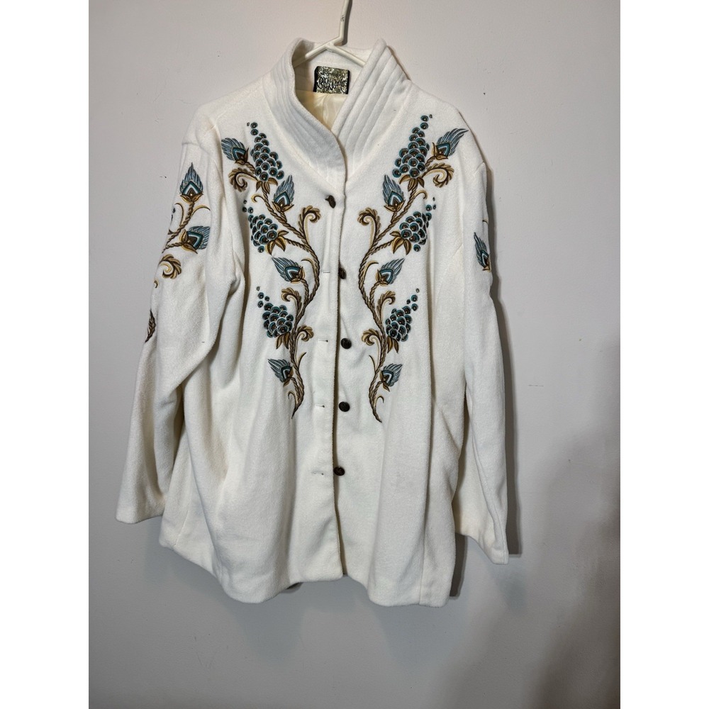 Women's BOB Mackie cream White fleece jacket blue embroidered flower size XL
